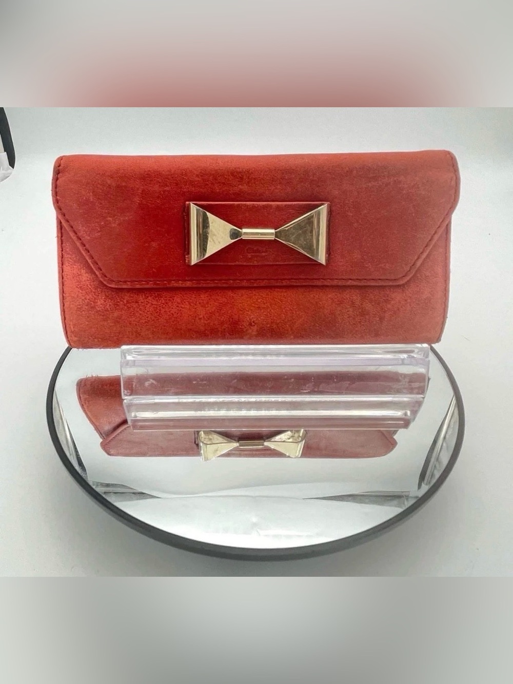 Chloe Metal Bow Leather Long Bifold Wallet Orange & Pink